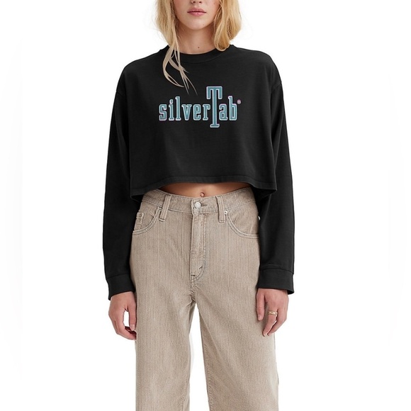Levi’s Silvertab Crop Top Spell Out Logo T-Shirt‎ Sz Large Black Cropped Tee NWT - Picture 1 of 4